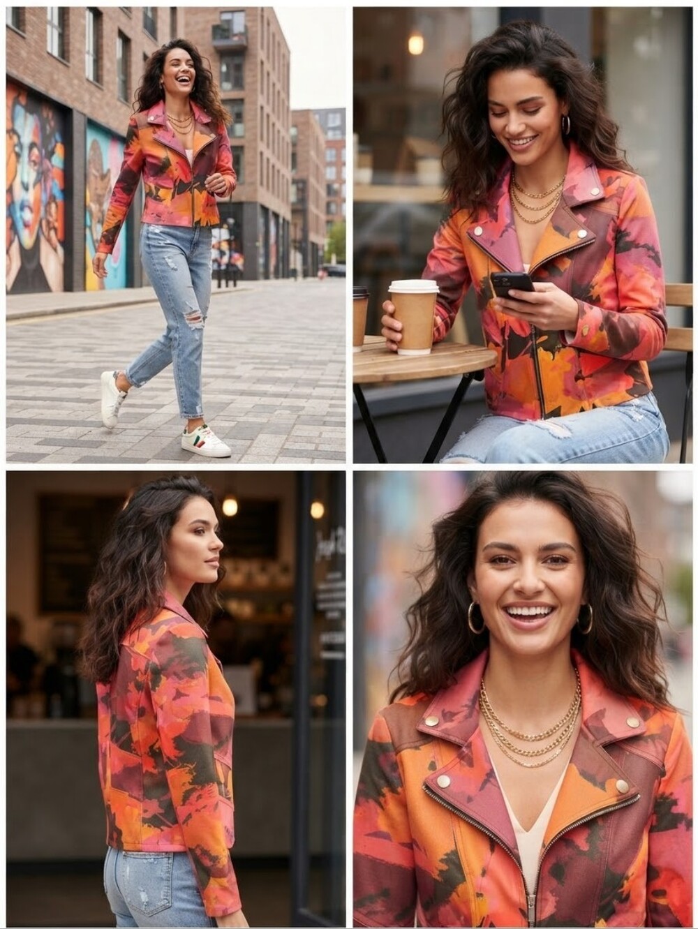 NWT Joseph Ribkoff Abstract Floral Foiled Faux Suede Moto Biker Jacket Size M